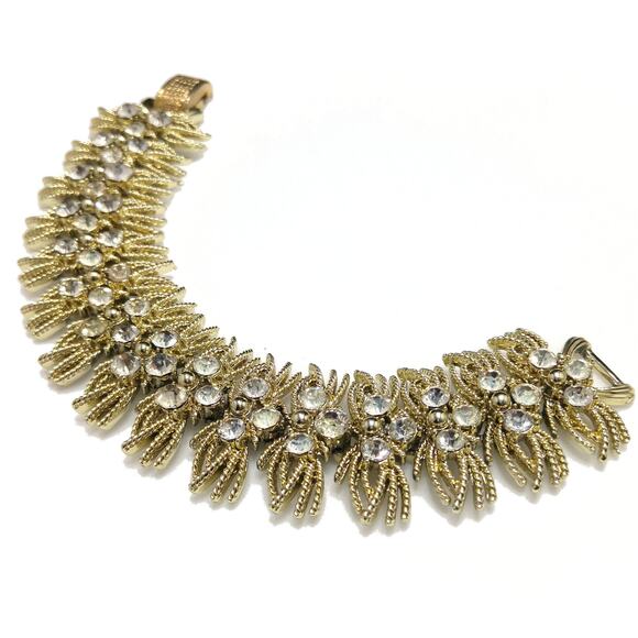 Coro Pegasus Clear Rhinestone Wide Bracelet, Gold Plated, 1950s Vintage Jewelry - Picture 2 of 10